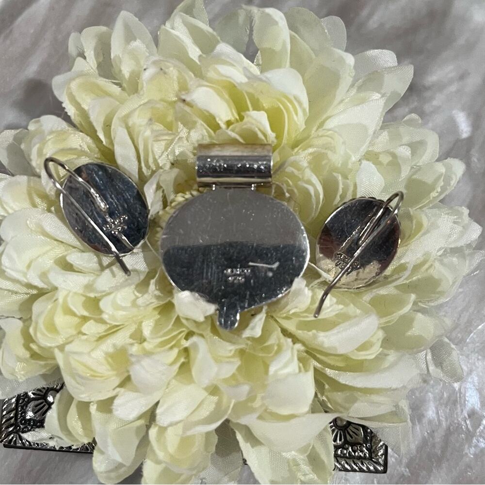 Vintage Mexican Taxco 925 Sterling Silver Cabochon Cut Cats Eye Pendant Earrings - Picture 8 of 15